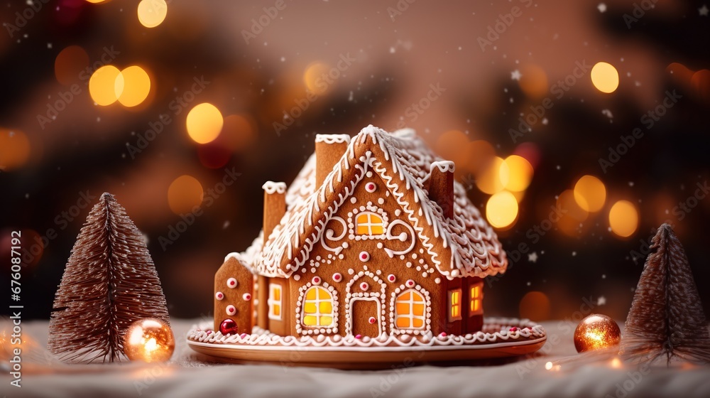 Gingerbread house in a Christmas bakery in white icing. New Year's composition, bokeh background from lights.