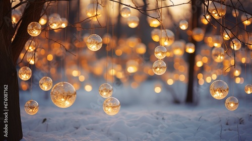 Glowing fairy lights in a forest or park with winter bokeh as a background. Winter Christmas card. photo