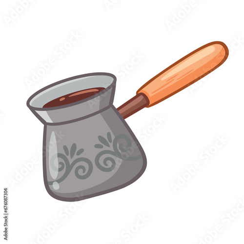 Metal coffee turk with wooden handle. Vector illustration with Turkish coffee pot.