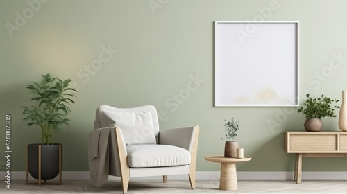 Stylish living room interior design,armchair and wooden commode side table. Generative Ai photo