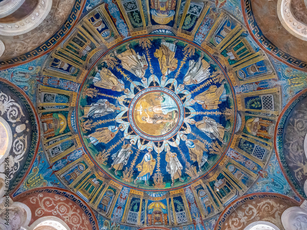 The ceiling mosaic in the Baptistry of Neon (Fourth and Fifth c. AD) Ravenna, Emilia-Romagna, Northern Italy.