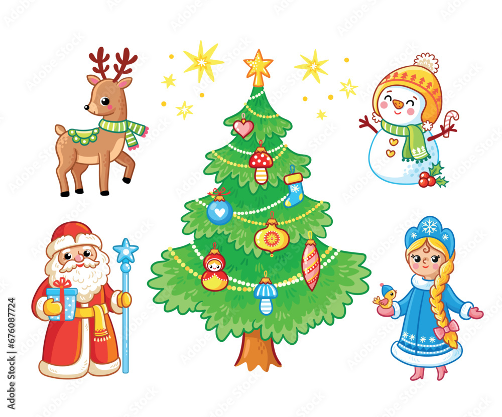 New Year set with Christmas characters in cartoon style. Vector illustration with a Santa Claus. New Year set with Christmas characters in cartoon style. Vector illustration with a Santa Claus.