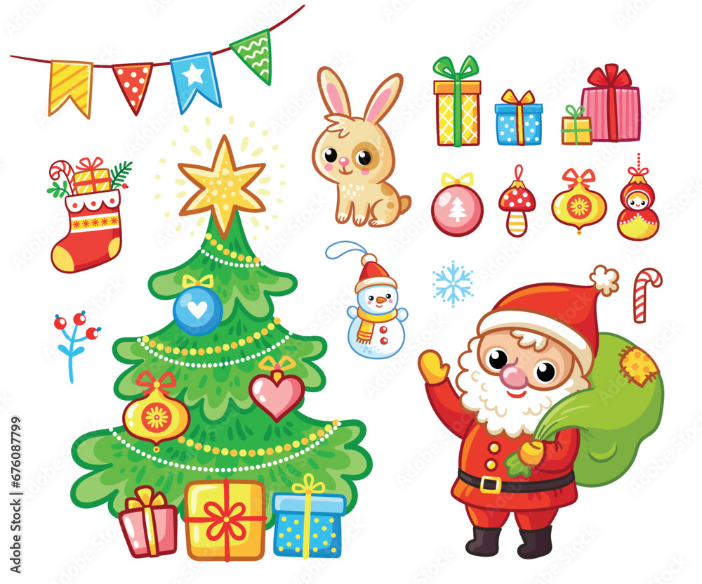 Merry Christmas and Happy New Year Set holiday stickers. Cute Santa Claus. Christmas toys in cartoon style. Vector illustration. Merry Christmas and Happy New Year Set holiday stickers. Cute Santa Claus. Christmas toys in cartoon style. Vector illustration.