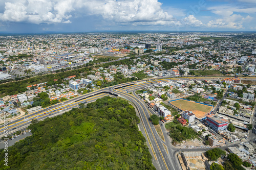 Aerial view of the Santo Domingo, Capital Of Dominican Republic, its beautiful streets and buildings, la Fuente Centro de los Heroes, the Pabellón de las Naciones