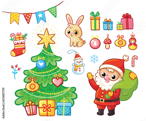Merry Christmas and Happy New Year Set holiday stickers. Cute Santa Claus. Christmas toys in cartoon style. Vector illustration.