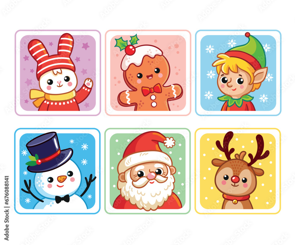 Merry Christmas and Happy New year Set. Santa Claus, Gingerbread man, snowman, deer. Sticker pack of cartoon characters. Merry Christmas and Happy New year Set. Santa Claus, Gingerbread man, snowman, deer. Sticker pack of cartoon characters.