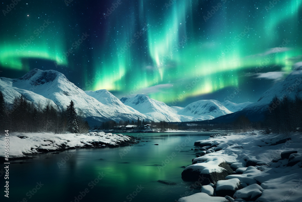 illustration of landscape with aurora. snowy mountains at night. Created with Generative AI