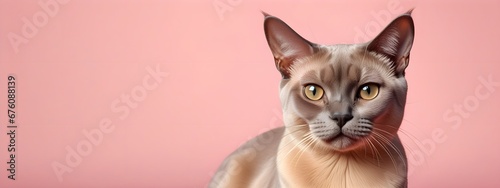 Burmese cat on a pastel background. Cat a solid uniform background, for your advertising and design with copy space. Creative animal concept. Looking towards camera. © 360VP