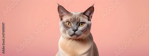 Burmese cat on a pastel background. Cat a solid uniform background, for your advertising and design with copy space. Creative animal concept. Looking towards camera. © 360VP