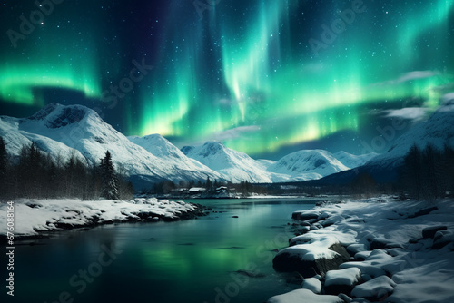 illustration of landscape with aurora. snowy mountains at night. Created with Generative AI