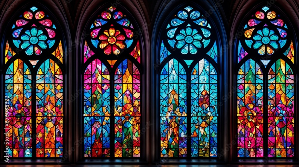 A series of colorful stained glass windows in a cathedral, forming geometric patterns