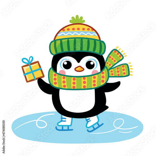 Cute penguin ice skating isolated in cartoon style. Christmas and New Year holidays