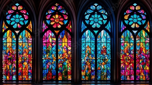 A series of colorful stained glass windows in a cathedral  forming geometric patterns