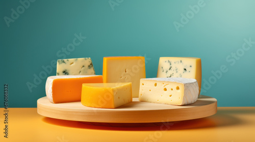 Advertising shot of different kind of popular cheese, cheddar, mozzarella, gouda, roquefort, brie on wooden table and neutral background