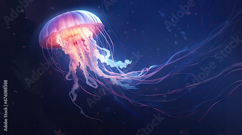  a jellyfish floating in the water with blue and red lights on it's back legs and a black background.  generative ai