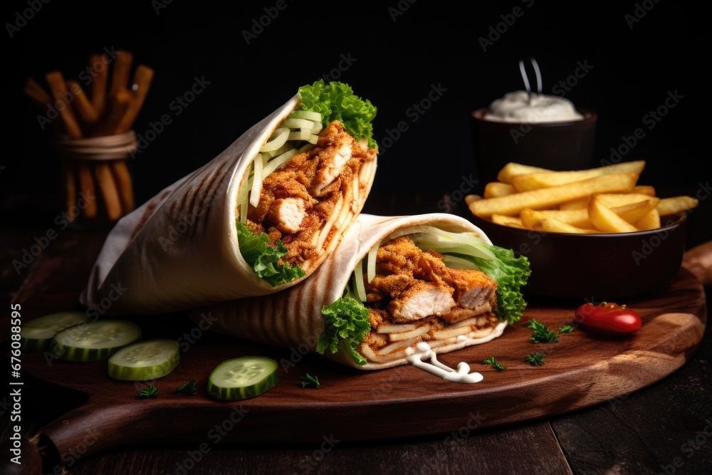 A classic chicken shawarma wrap served with crispy fried potatoes. A classic chicken shawarma wrap served with crispy fried potatoes.