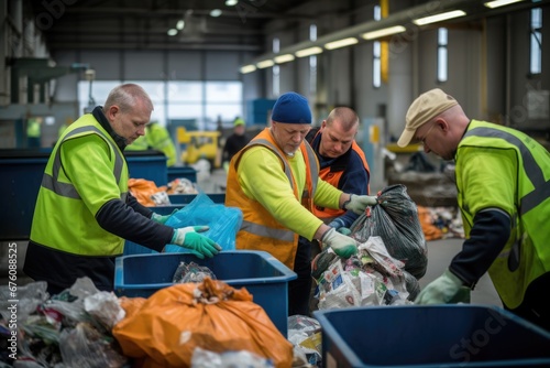 At a waste sorting facility, workers from diverse cultural backgrounds collaborate to efficiently sort materials for recycling.