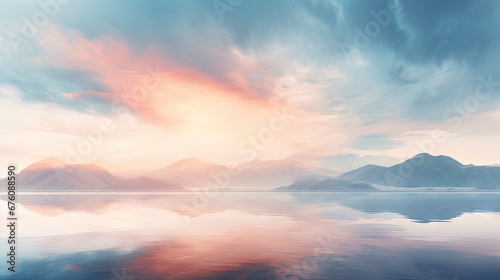  a large body of water with a mountain range in the background and a sky filled with clouds in the foreground. generative ai
