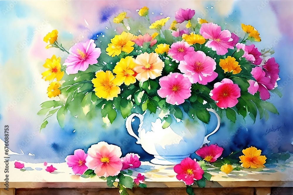 Bouquet of flowers in a vase, watercolor drawing. Bouquet of flowers in a vase, watercolor drawing.