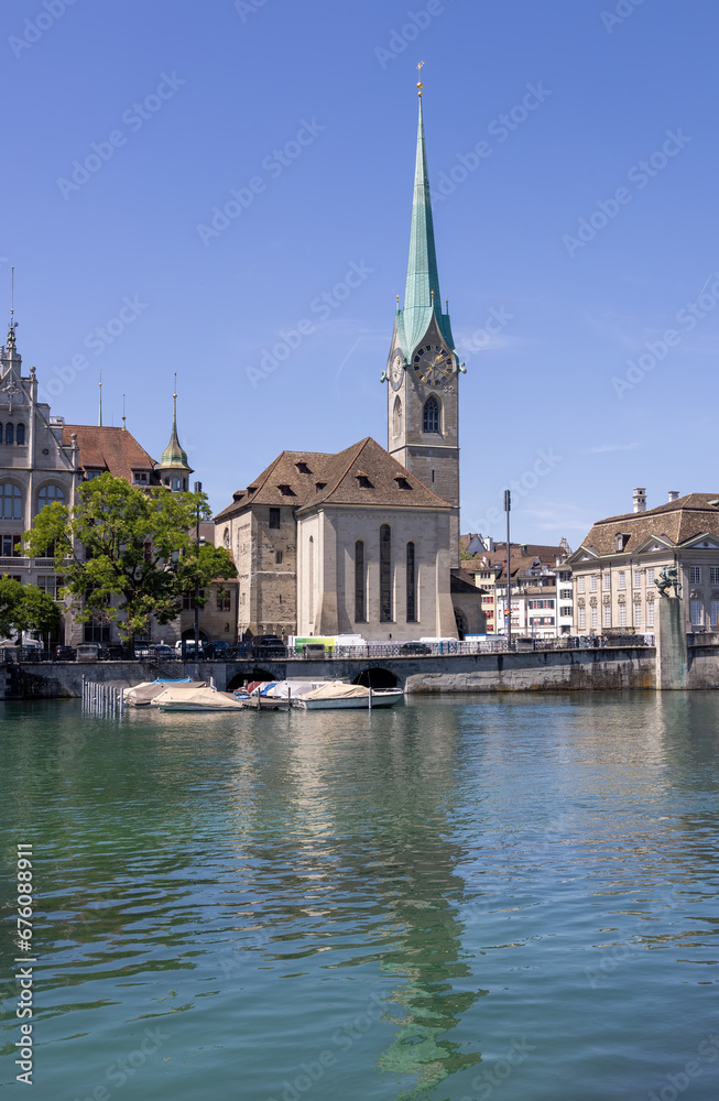 Fraumuenster Church with a view over Lake Zurich into the old town of Zurich
