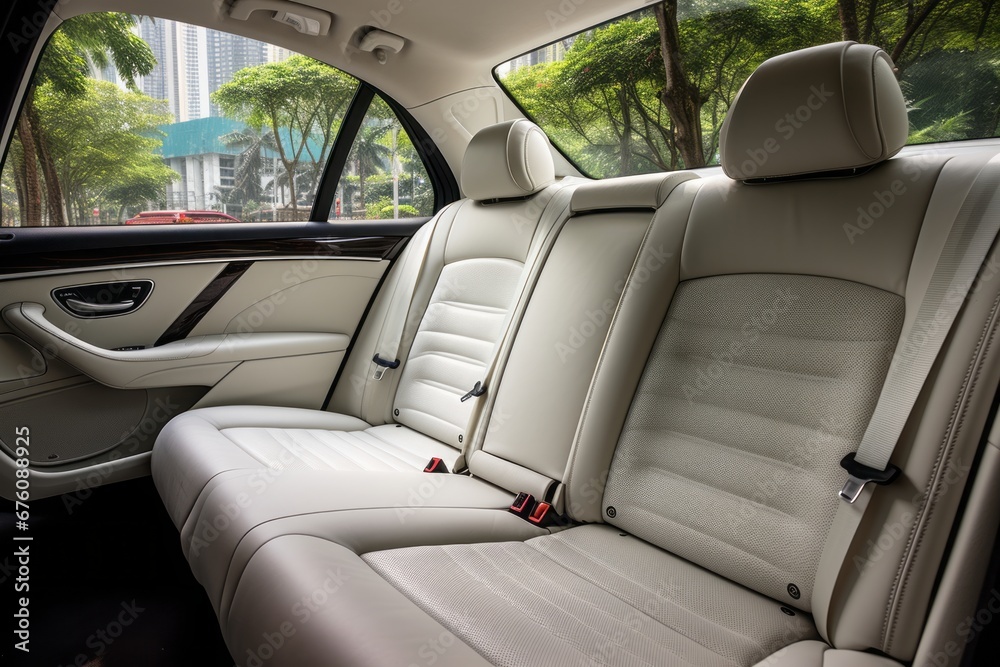 Frontal view of plush white leather back passenger seats in a sleek modern luxury car