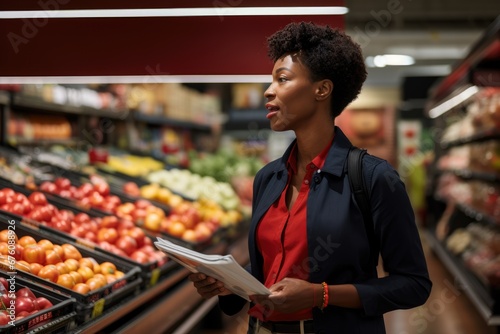 A nutritionist expertly leads a group on a grocery store tour, offering guidance on label reading and making informed food choices. Her proficiency in selecting healthy options is evident. photo