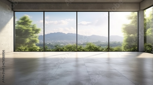 Modern loft style  wall and ceiling  large window look out to see the nature view. Generative Ai