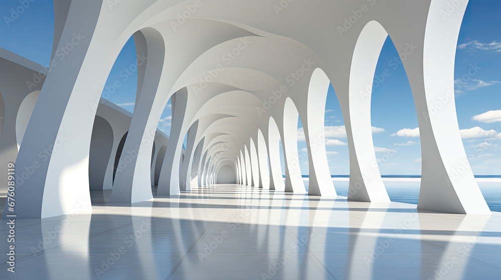 Obraz premium Futuristic white corridor with arches reflecting on glossy floor, minimalist sphere centered in a tranquil, spacious interior design.