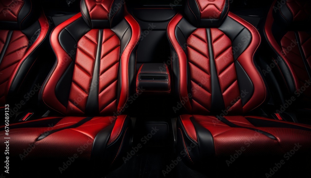 Fototapeta premium Frontal view of luxurious modern car interior with plush red leather back passenger seats
