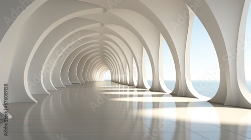 Futuristic white corridor with arches reflecting on glossy floor  minimalist sphere centered in a tranquil  spacious interior design.