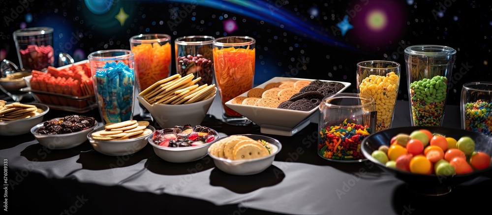 A black background set the stage for a delightful spread of food with coffee chocolate and assorted candies taking center stage creating an energizing and colorful experience The space theme