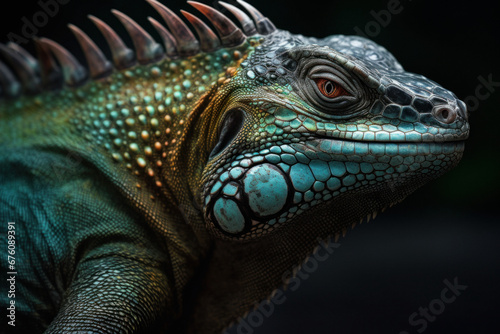 Closeup of a Colorful Reptile with a Dark Background 