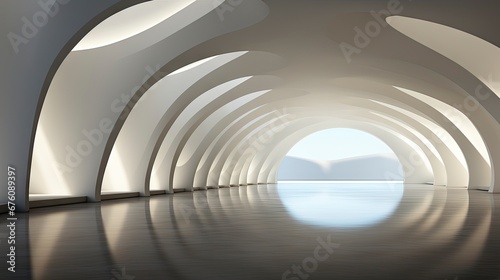 Futuristic white corridor with arches reflecting on glossy floor, minimalist sphere centered in a tranquil, spacious interior design.