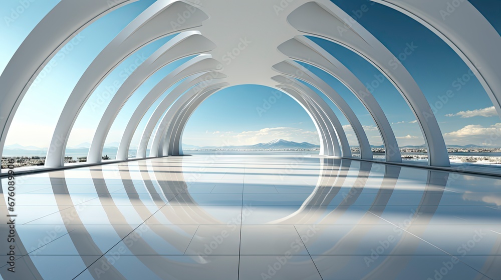 Futuristic white corridor with arches reflecting on glossy floor, minimalist sphere centered in a tranquil, spacious interior design. Futuristic white corridor with arches reflecting on glossy floor, minimalist sphere centered in a tranquil, spacious interior design.