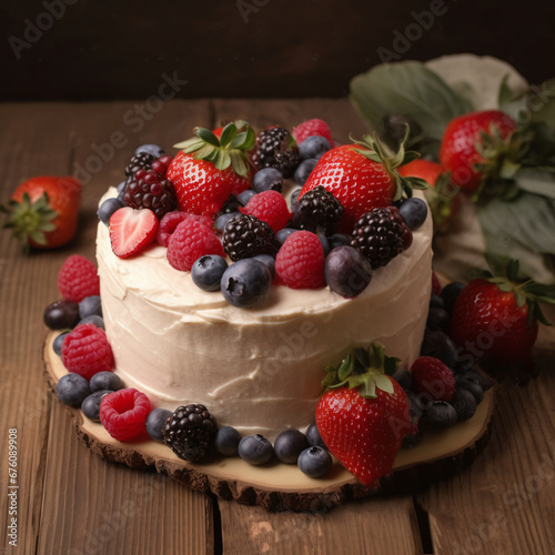 cake with wild berries, raspberries, blackberries and blueberries and white chocolate.