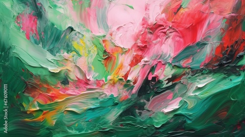 Closeup of abstract rough colorful green pink colors art painting texture background wallpaper, with oil or acrylic brushstroke waves, pallet knife paint on canvas. Art concept. Decor concept. Drawing