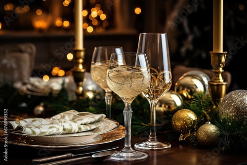 Festive Christmas Dinner Table with Champagne Glasses and Decorations
