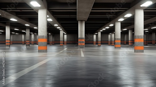 Large Underground Parking Lot with Gray Floor and Orange Markings © Nick Alias