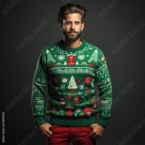 Young Man in Green Knitted Christmas Sweater