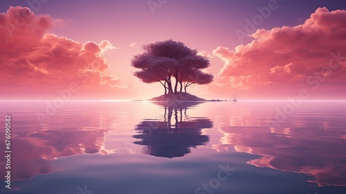  a small island in the middle of a body of water with a tree on top of it in the middle of a sunset. generative ai