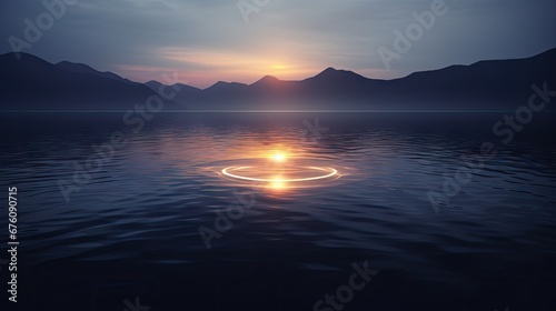  a large body of water with a circle in the middle of the water and a mountain range in the background. generative ai