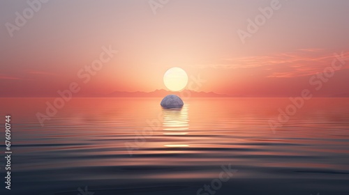  a large iceberg floating in the middle of a body of water with the sun rising over the mountains in the distance. generative ai