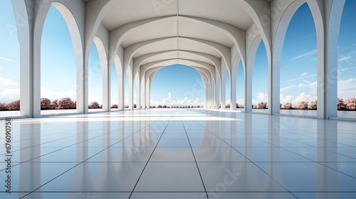 Futuristic white corridor with arches reflecting on glossy floor, minimalist sphere centered in a tranquil, spacious interior design.