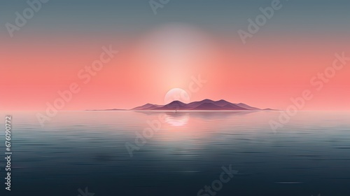  a large body of water with a small island in the middle of it and a bright sun in the background. generative ai