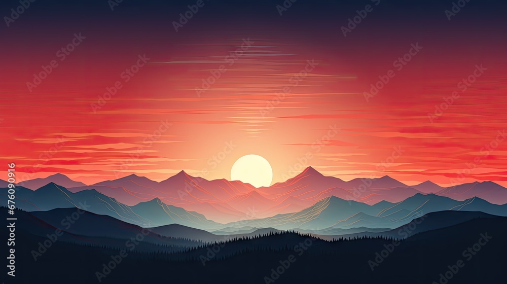 a painting of a sunset with mountains in the foreground and a red sky in the middle of the picture.  generative ai