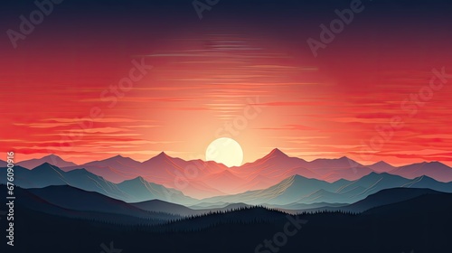  a painting of a sunset with mountains in the foreground and a red sky in the middle of the picture.  generative ai