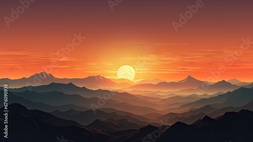  a painting of a sunset over a mountain range with a bird flying over the top of the mountain in the foreground. generative ai
