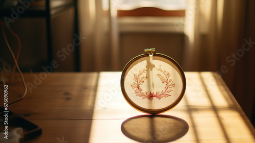 Lifestyle shot of embroidery in the form of a branch in a hoop on a wooden table. Play of light and shadow