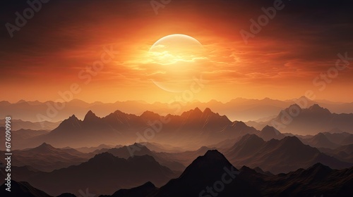  a sunset over a mountain range with a bright sun in the middle of the sky and mountains in the foreground.  generative ai