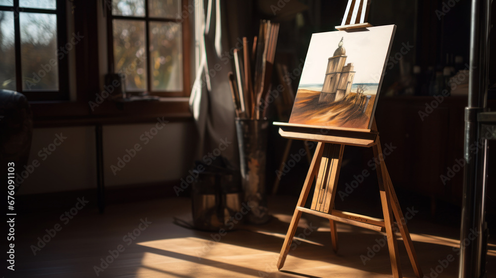 Lifestyle shot of canvas with paint on easel and wooden floor in the interior. Play of light and shadow Lifestyle shot of canvas with paint on easel and wooden floor in the interior. Play of light and shadow